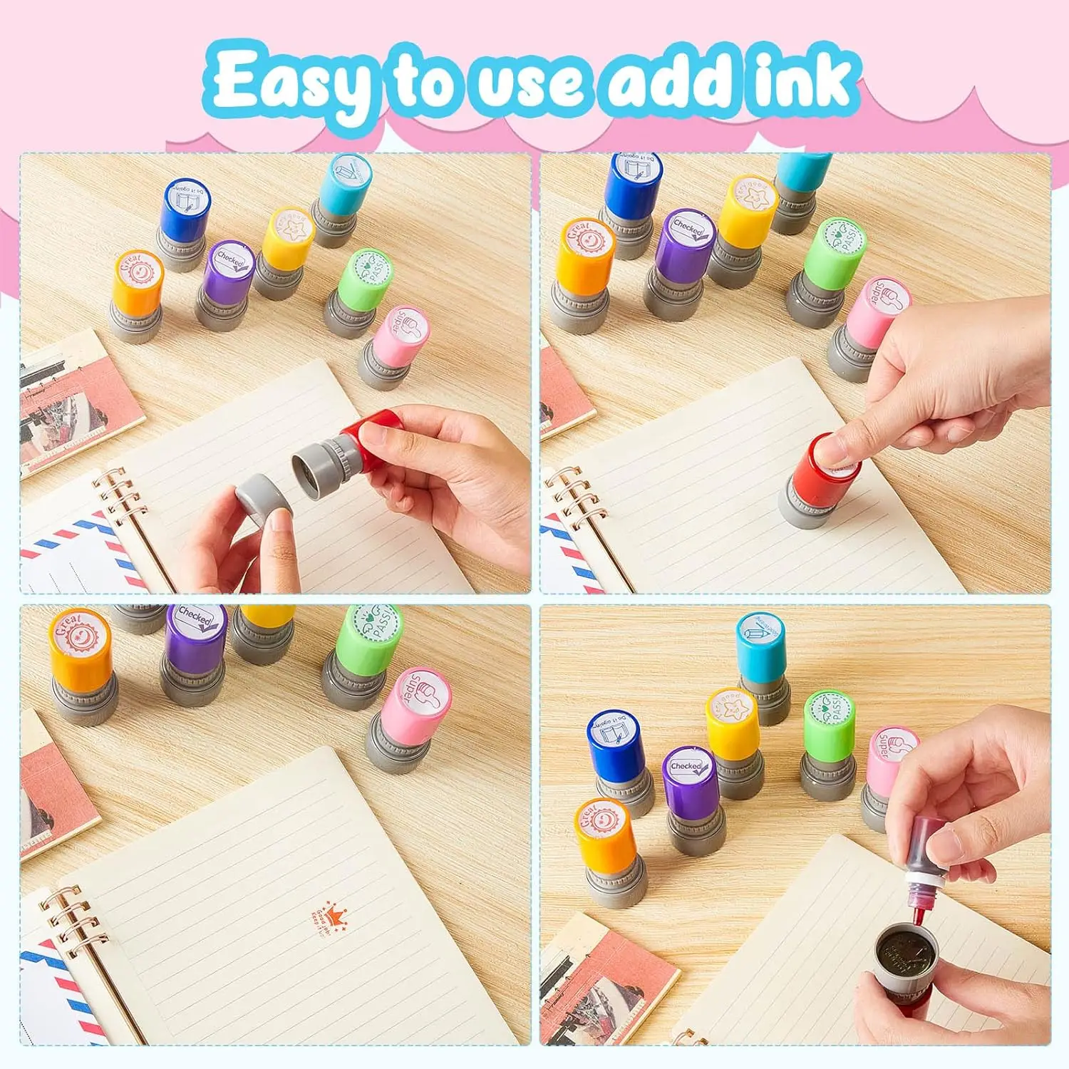 8-Pack Teacher Stamps Self-Refilling Ink Teacher Stamp Set Picture Stamps Teacher Motivational Teacher Stamps Color Supplies Hom