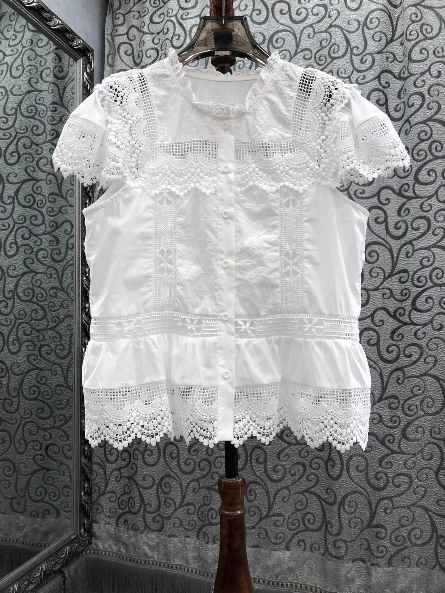 

100%Cotton Blouses Shirt 2025 Summer Style Women Crochet Lace Embroidery Patchwork Short Sleeve Elegant Orange White Tops