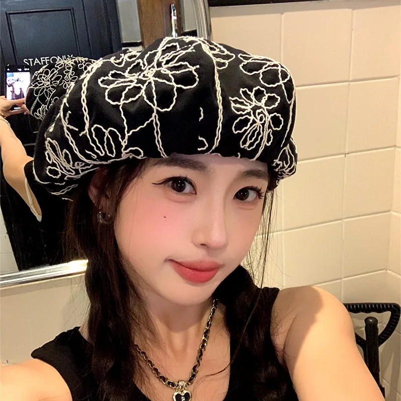 Summer New Hat Fashion Trend Sunscreen Hat Embroidered Rose Hat Octagon Hat Versatile Hat Beret Personality Hat Korean Style Hat