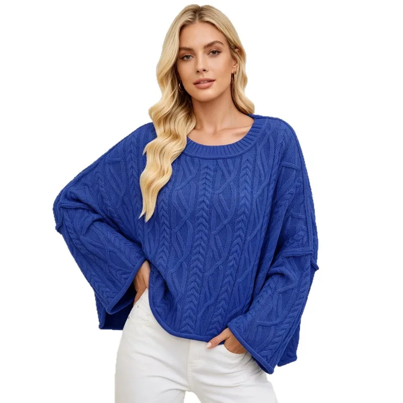 Women Round Neck Cable Knit Sweater Loose Plus Size Solid Color Pullover Jumper For Autumn Winter Crossborder