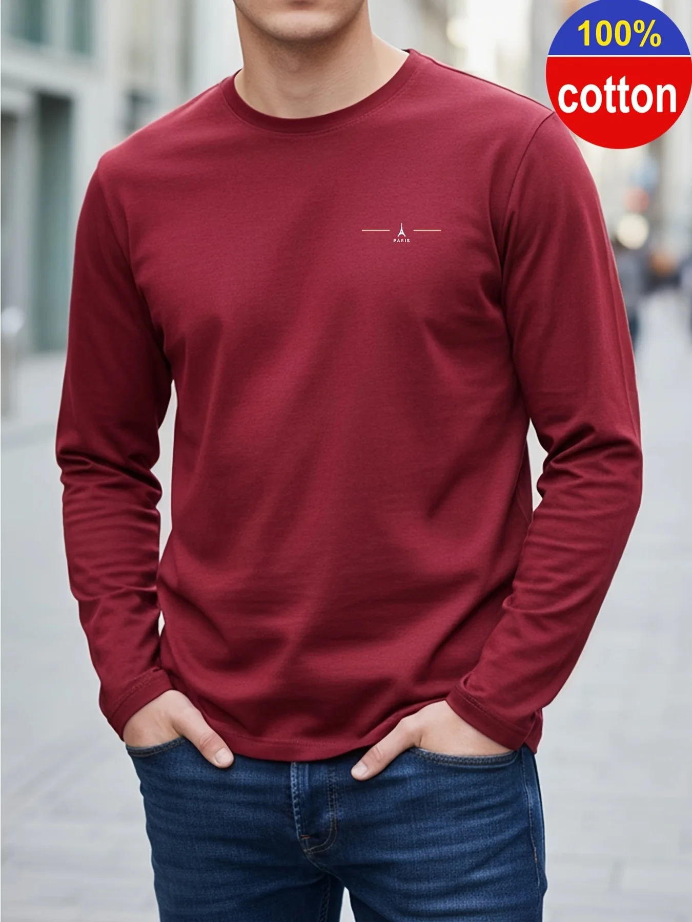 Men's 100% pure cotton loose fit comfortable sports and leisure creative line pattern printed round neck long sleeved T-shirt