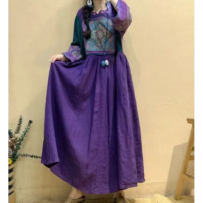 女性のためのヴィンテージスタイルの対照的なリネンドレス,ゆったりとしたフィット感,長袖,ラウンドネック,新しい春のコレクション,中国風