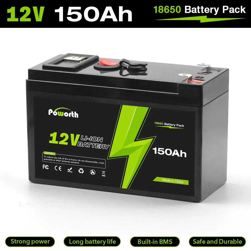 12V 150Ah Lithium 2000+Cycles Rechargeable Battery for Solar/Wind Power,Small UPS,Lighting,Power Wheels,Fish Finder,Built-in BMS