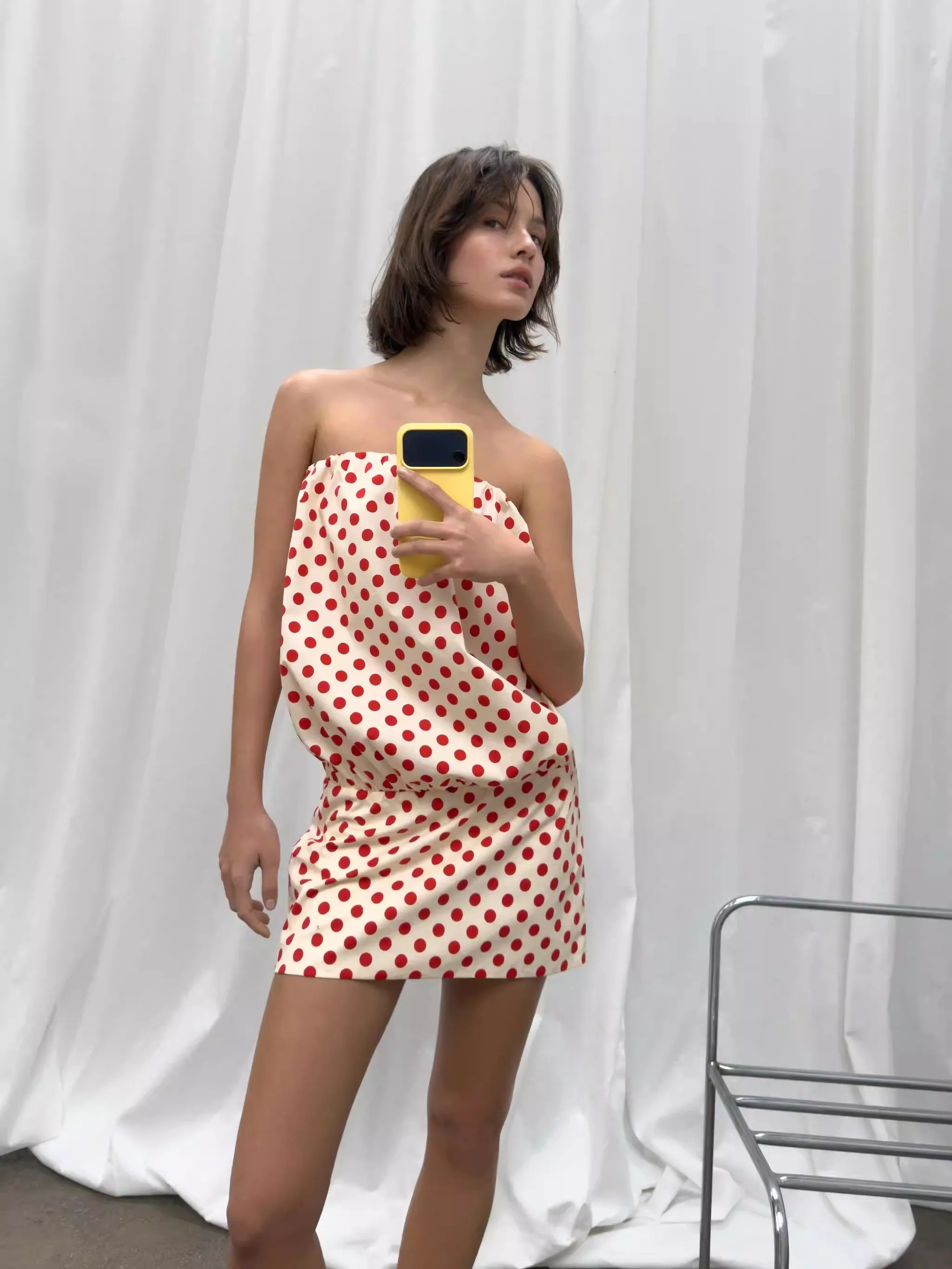 Sexy Polka Dot Strapless Dress Straight Collar New Summer Women's Fashionable Tang Suit Stage Costume for Young Women 18-25