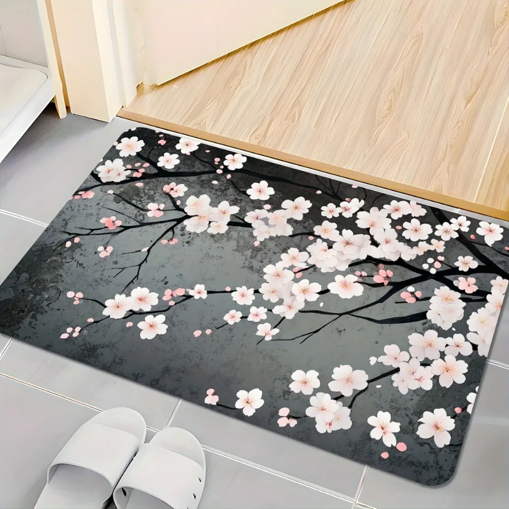 Cherry Blossom Floral Bath Mat, Super Absorbent Non-Slip Quick Dry Floor Rug, Decorative Carpet for Bathroom Kitchen Garden