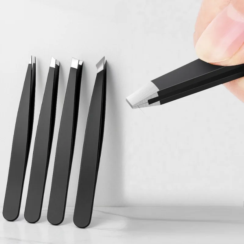 Pinzetta per sopracciglia nera in acciaio inossidabile Strumenti di bellezza a punta piatta e inclinata Pinzetta per ciglia Depilazione incarnita Toelettatura del viso
