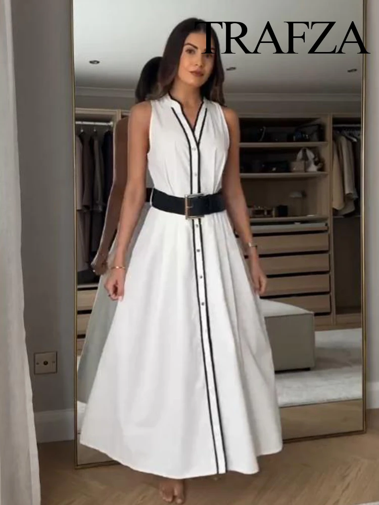 

HH Women's Temperature Contrast Trim Poplin Slim Midi Dress Female Elegant V-neck Single Breasted High Street Casual Dress