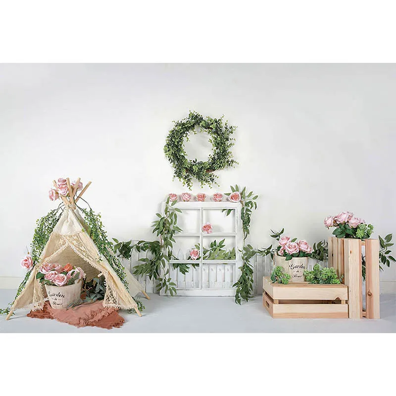 Avezano الربيع خلفية التصوير الأخضر يترك الزهور خيمة مخيم حديقة الاطفال عيد ميلاد صورة خلفية ديكور استوديو الصور