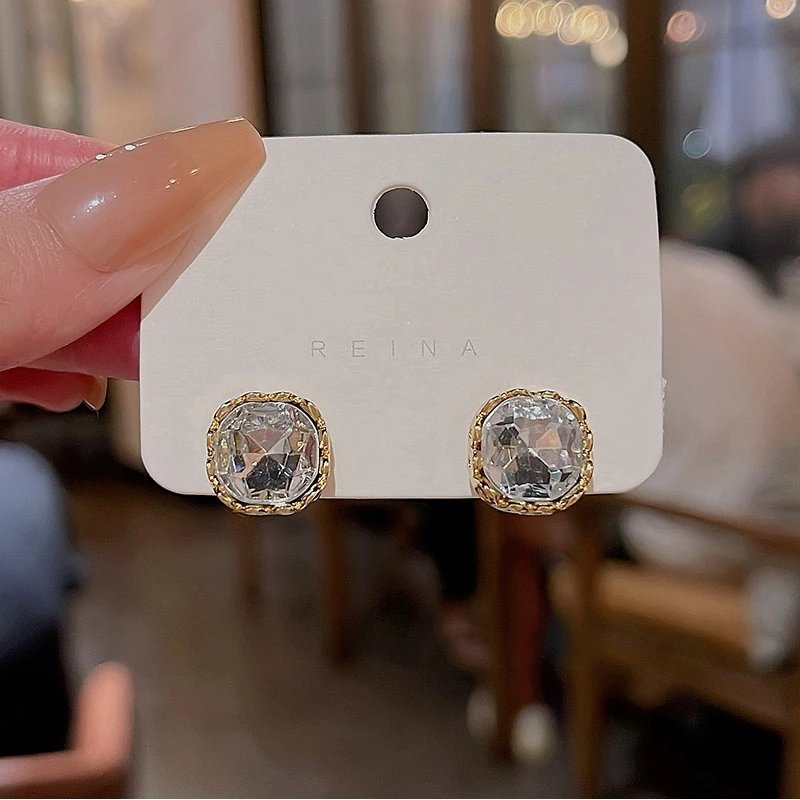 Transparent Crystal Square Stud Earrings for Women Luxury Sweet Small Earrings Gold Color Metal Side Korean New Fashion Earring