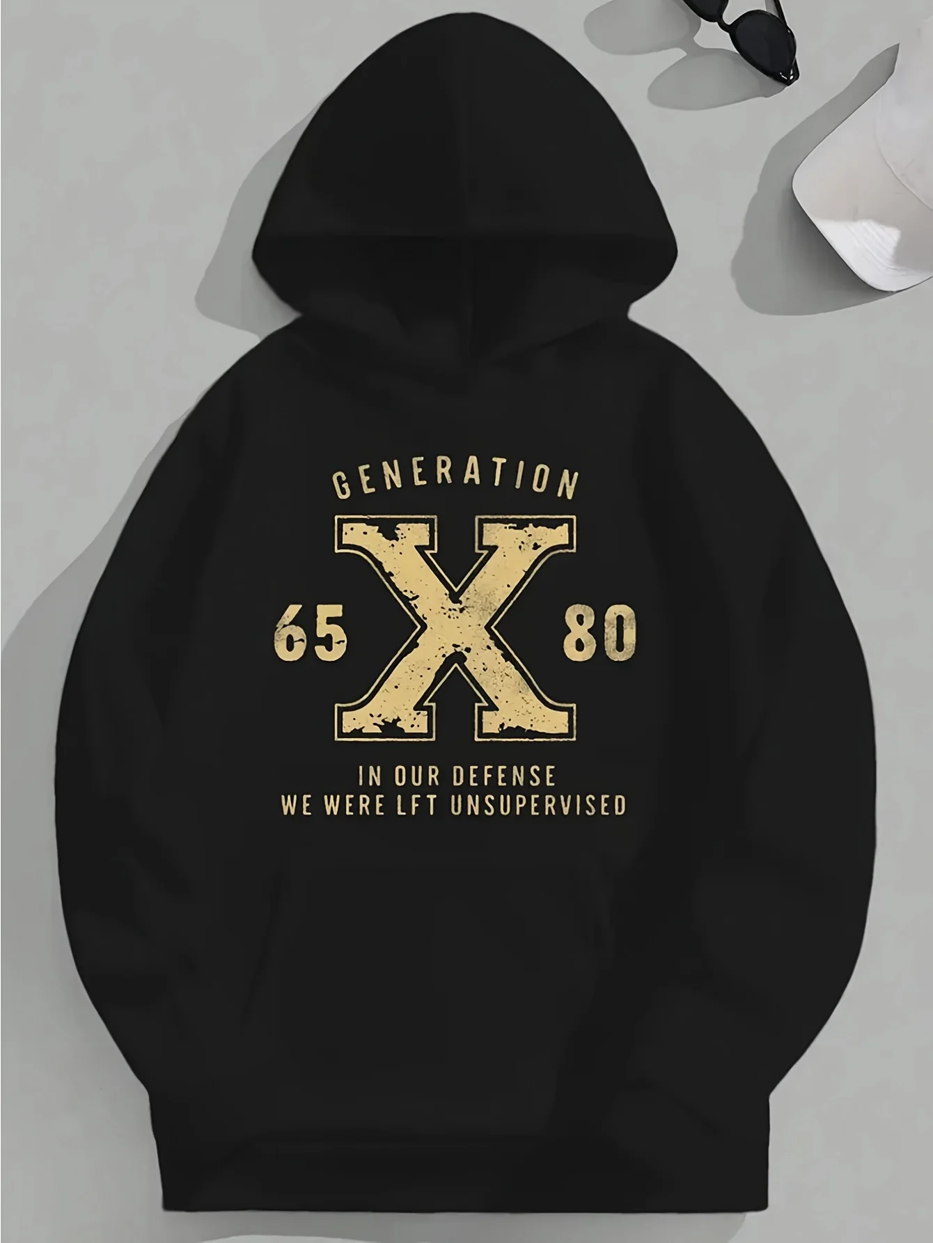 Men Generation X 65‑80 Front Print Hoodie, Vintage Distressed Gen X Slogan Graphic Drawstring Kangaroo Pocket Pullover Sweatshirt Retro Nostalgia Hooded Tops