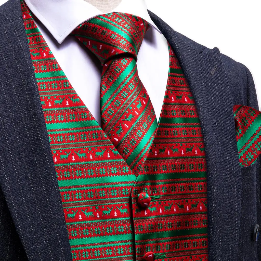 Designer Christmas Vest for Men Silk Red Green White Snowflake Elk Striped Waistcoat Tie Bowtie Set Happy Party Barry Wang