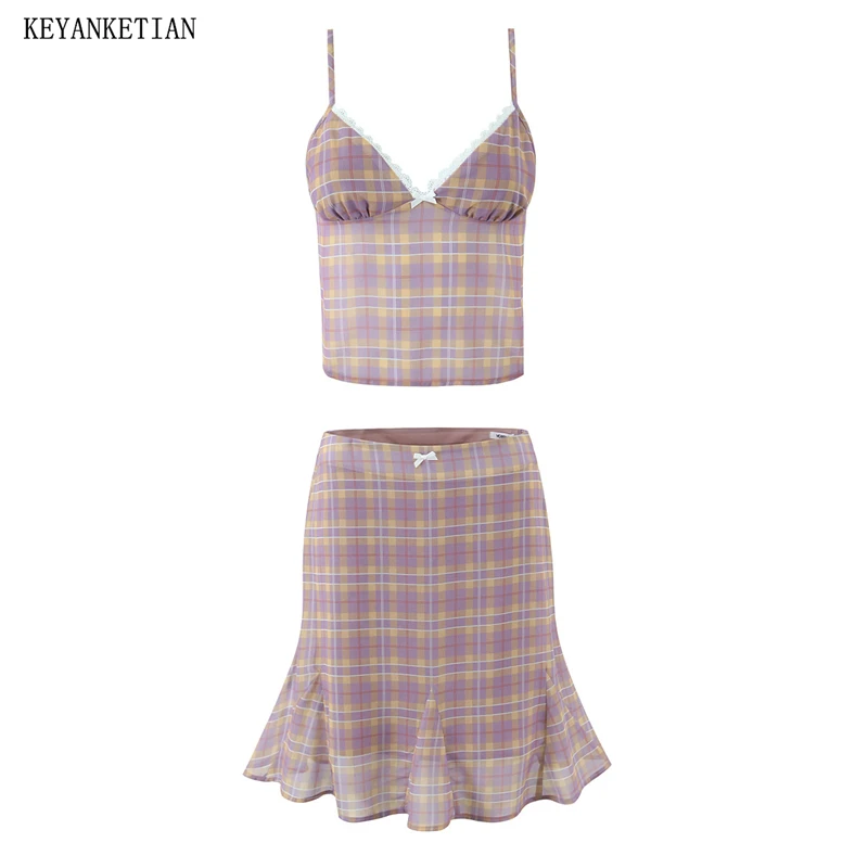 

KEYANKETIAN 2026 Y2K Purple Plaid 2 Piece Set Women Lace Trim Cami Top + Ruffle Hem Mini Skirt Summer Vintage Aesthetic Outfit