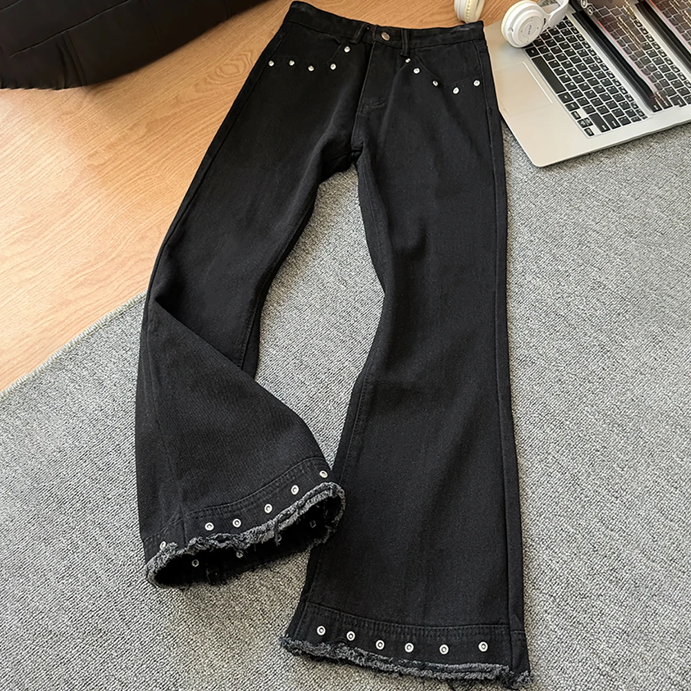 Women's Black Flared Jeans Streetwear Rivet Frayed Hem Tassels High-Waist Denim Pants Lady Fashion Slim Full Trousers