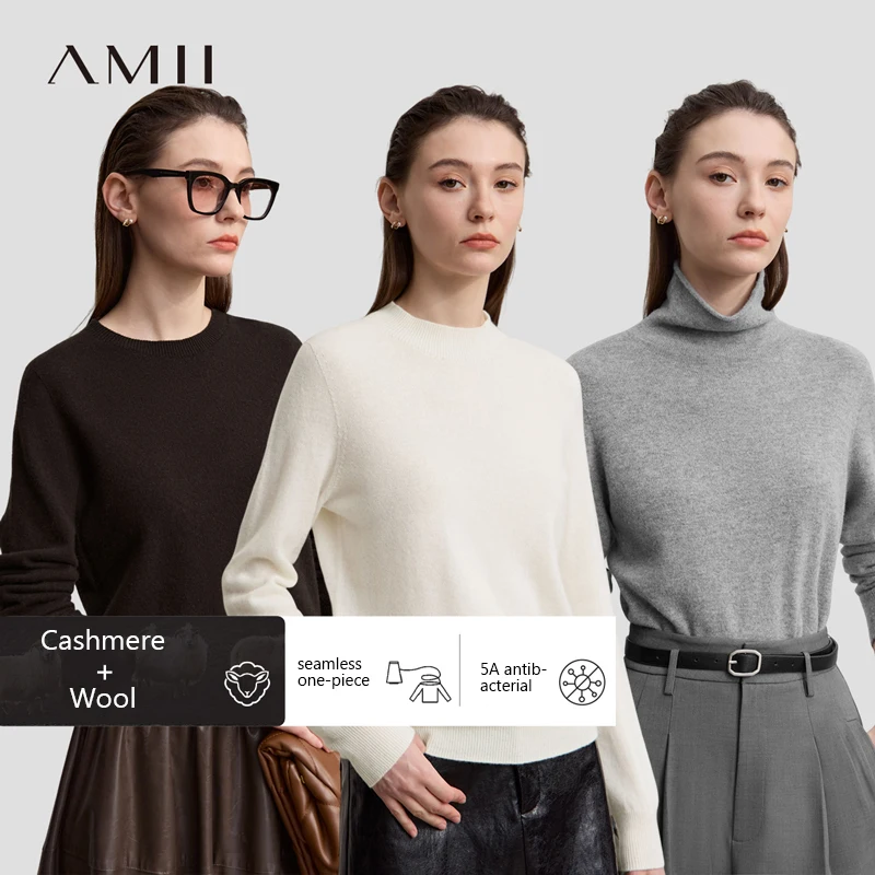 

AMII Women's Sweater 2025 Winter New Solid Color Elegant Versatile Basic Top Women Loose Long Sleeves Wool Warm Knitwear12543193