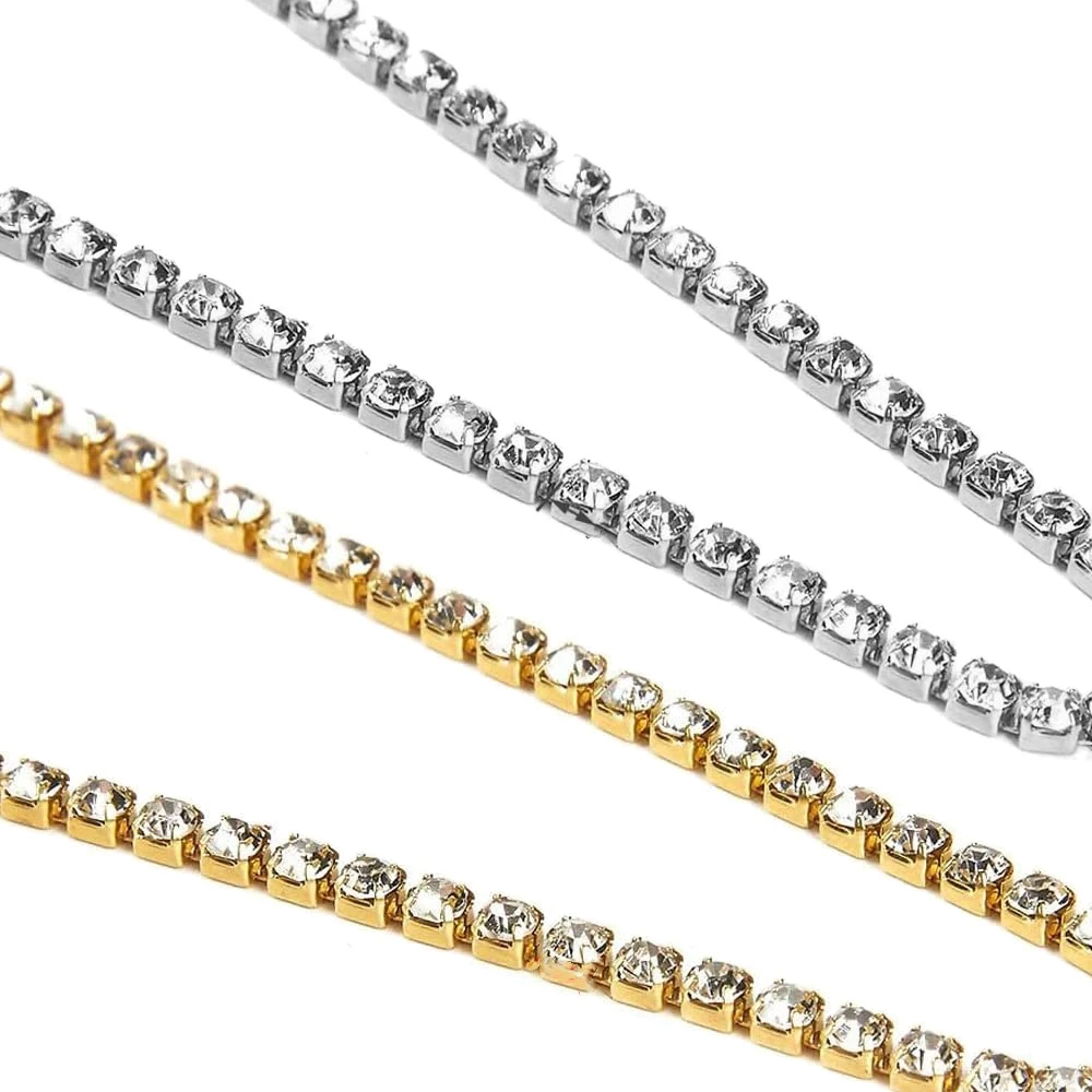 1meter 2/3/4mm Gold Crystal Rhinestone Close Chain Trim Cup Diamond Chain for Charms Sewing Craft DIY Decoration Jewelry Making