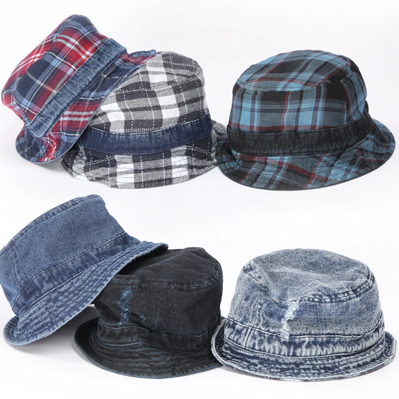 WAVEIST 100% Cotton Bucket Hat Checkered Denim Double-Sided Wear Unisex Short Retro Style Everyday Trendy Gift