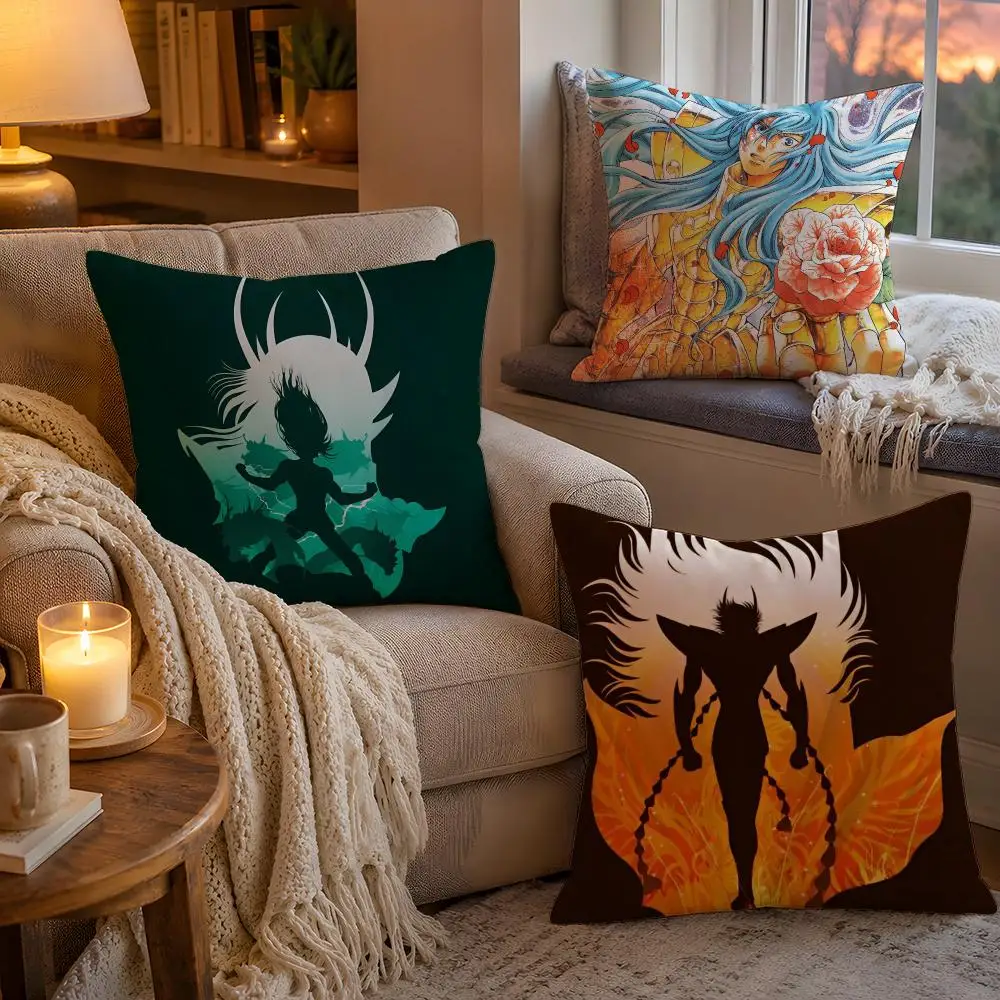 Vintage Anime S-Saint Seiya Double-Sided Soft Plush Invisible Zipper Breathable for Sofa Bedroom Car Cushion Cover