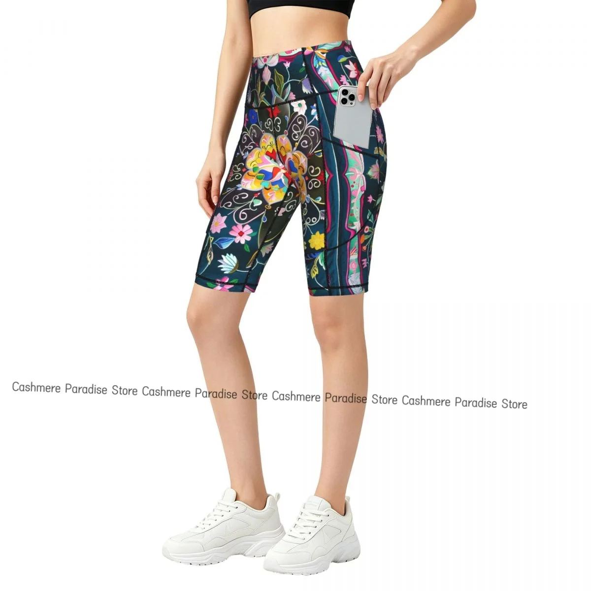 Double Pocket Sports Shorts Women Elastic Slim Colorful Flowers L Shorts Gym Exercise Running High Waist Yoga Fitness Shorts