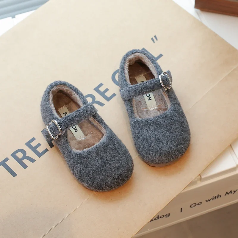 Soft Fleece Felt Round Toe Ballet Flats Kid Girl Winter Warm Wool Mary Jane Shoes Baby Child Brand Design Elegant Plush Loafers