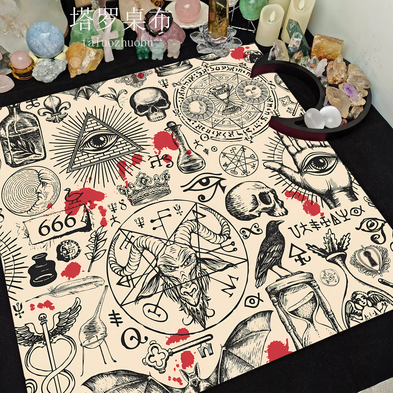 VIKAMA Occult Symbols & Skull Eye Tarot Tablecloth, 6 Designs, Square Velvet Altar Cloth for Divination
