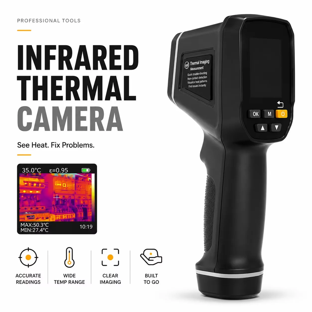 HoldPeak R32 Thermal Camera 32x32 IR+128x128 Visible Fusion, -30~500°C, ±2°C/2%, 0.01-1 Emissivity, USB-C for Electrical CE/FCC