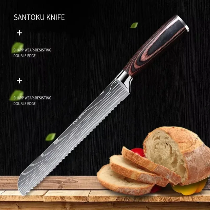 

Wooden Handle Kitchen Utility Pattern Knive Stainless Steel Chef Ultra Sharp Cheese Toas Bread Knife Laser Cake Baking Knives
