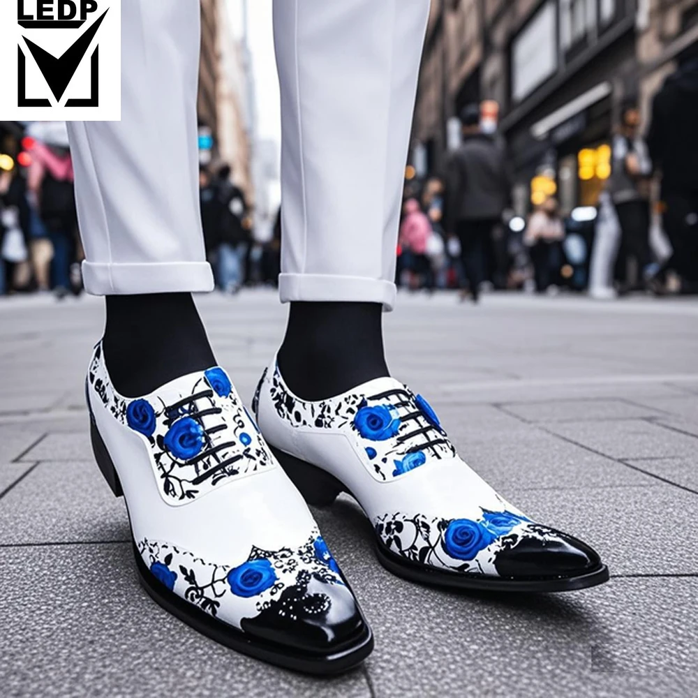 

Spring Luxury Men Dress Shoes Leather Lace Up Metal Pointed Toe Gentleman Formal Shoes for Wedding Party Stage Show