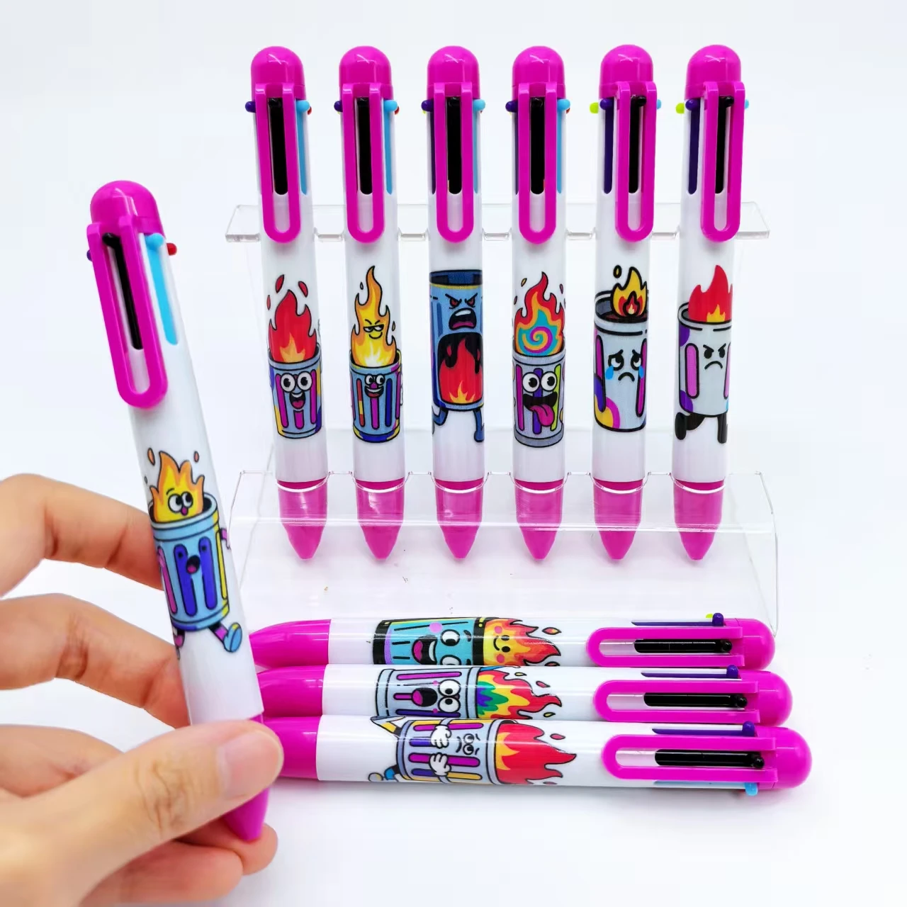 10 قطعة/15 قطعة الإبداعية سلة المهملات النار قلم حبر جاف لهب سلة المهملات متعدد الألوان الصحافة القلم ستة في واحد قلم حبر جاف
