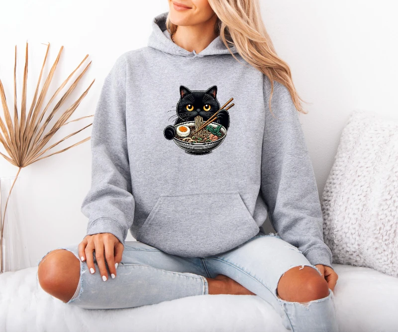 

Толстовка с капюшоном для влюбленных Foodie Ramen Cat Толстовка с лапшой и котом Японская толстовка с капюшоном Пуловер с черным котом Ретро Cat Lover Подарок Cat Mama