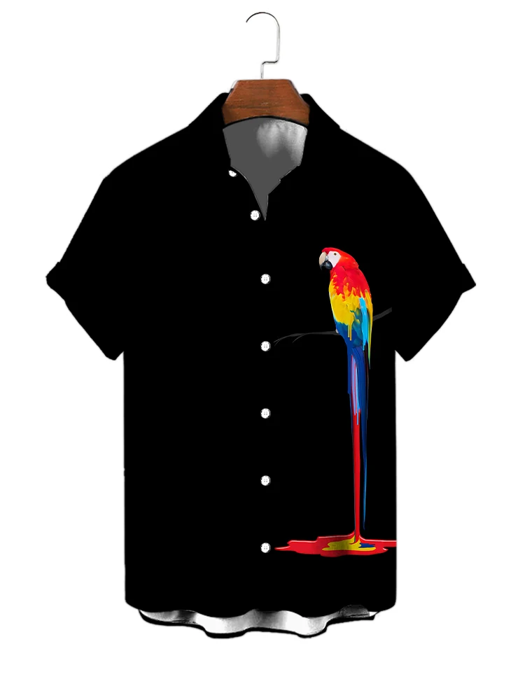 Summer Street Loose Casual Short -sleeved Shirt Fashion Men\'s Turn-down Collar Shirt Colorful Parrot 3D Digital Printing Shirt