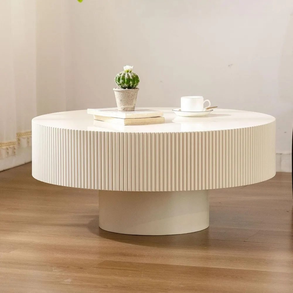 

Round Coffee Table, Handcrafted Fluted Drum Coffee Tables Modern Wood Coffee Table Circle Drum Center Table for Living Room, Apa