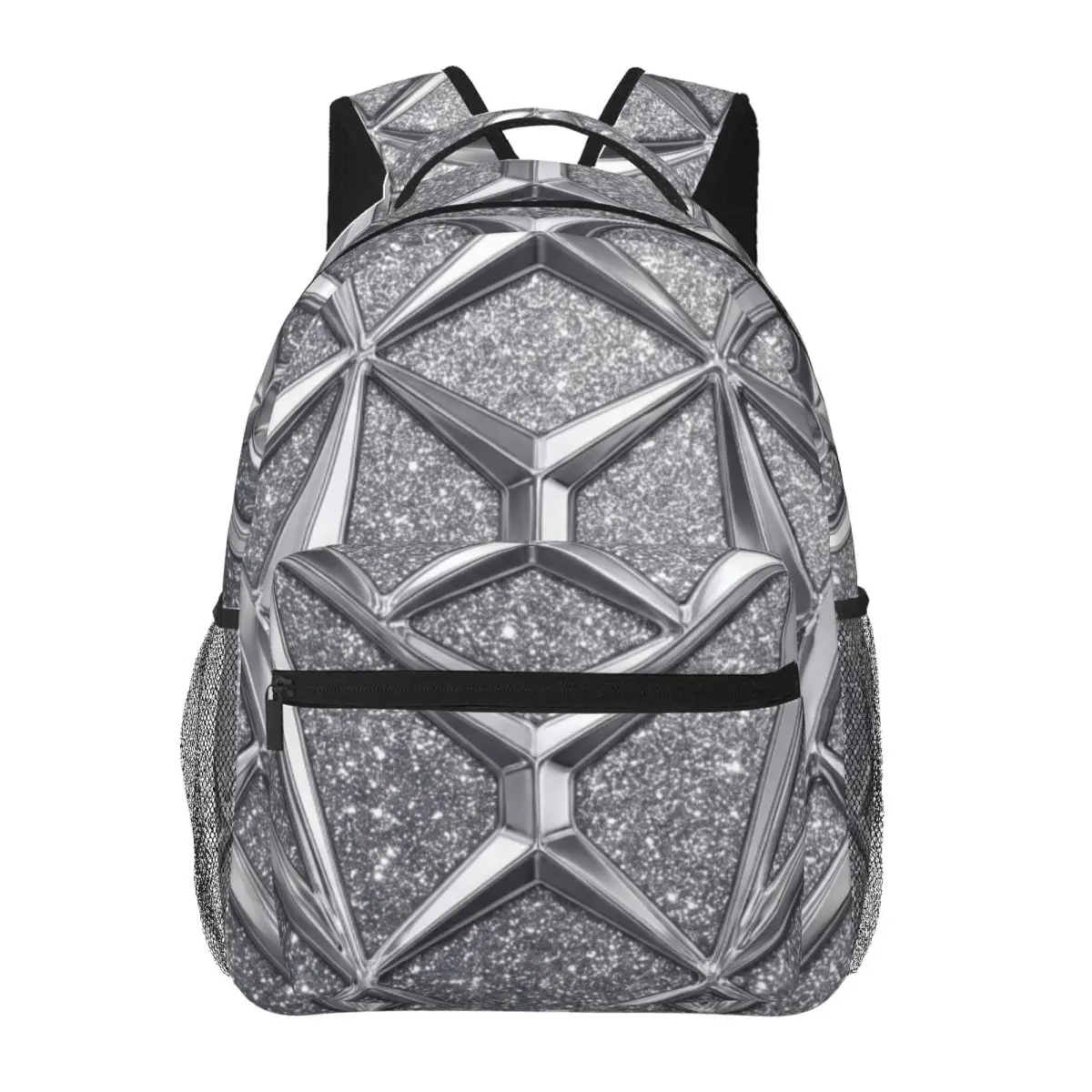 Teen Boys School Backpack Allover Geometric Metallic Texture Shimmering Silver Slate Grey Cool Printed Daypack for Laptop Books