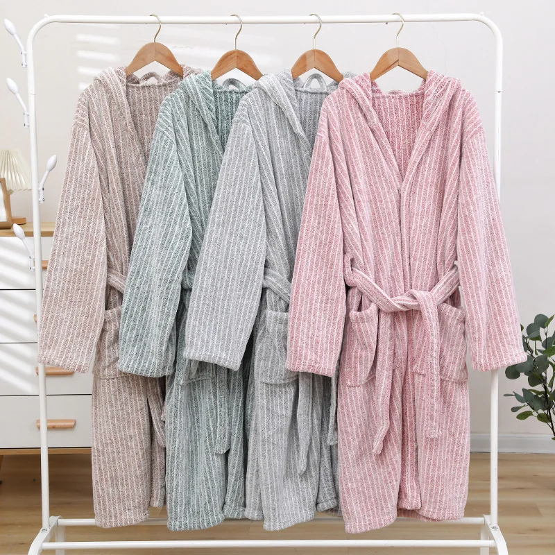 

Autumn Winter New Men Flannel Stripe Bathrobe Hooded Kimono Bath Robe Night Cozy Sleepwear Women Dressing Gown Home Clothes