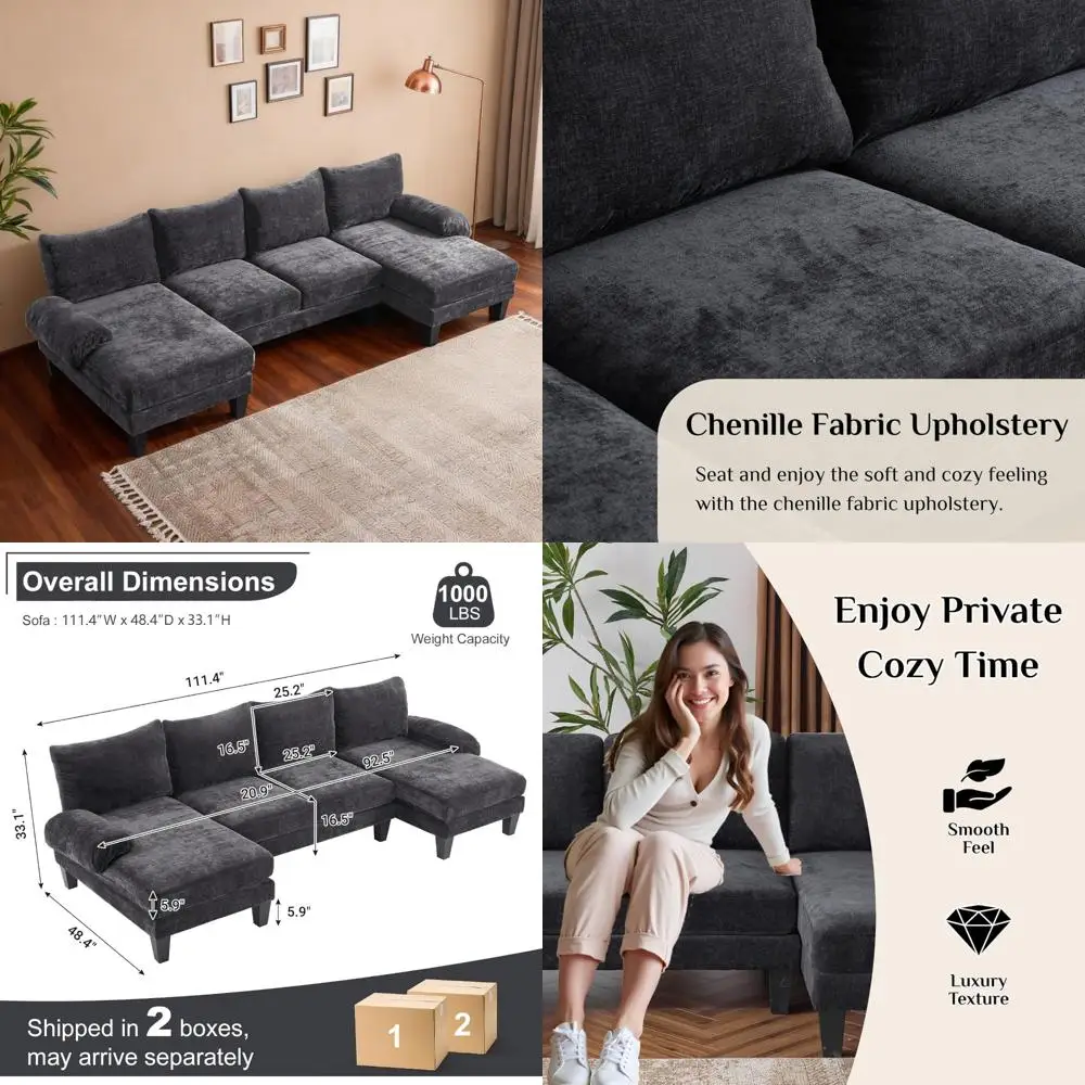 

Современный 4-местный секционный диван U-образной формы с шезлонгом, ткань из синели, раскладной диван для современных гостиных