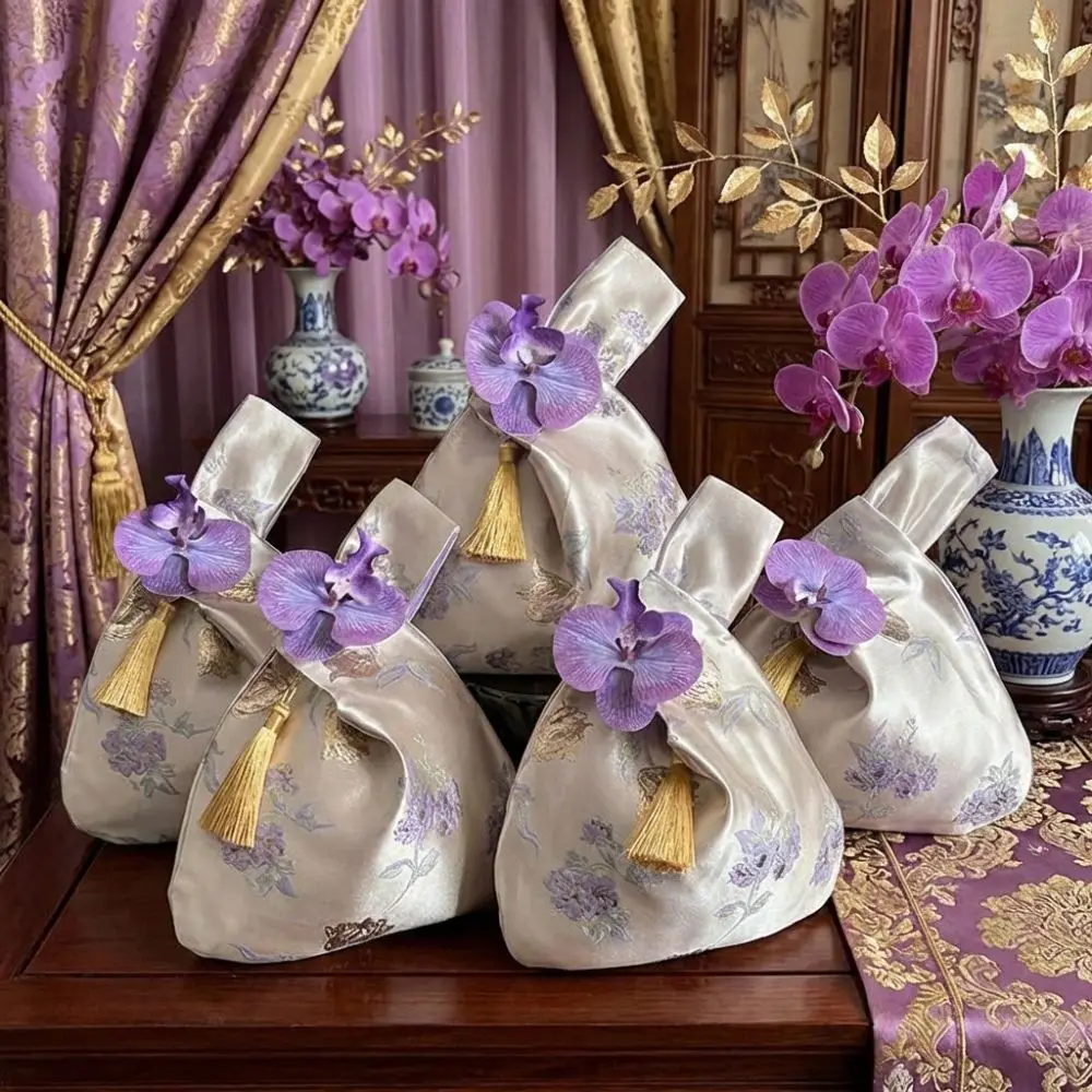New Orchid Small Handbag Faux Silk Tassel Coin Purse Jacquard Chinese Retro Gift Bags Woman