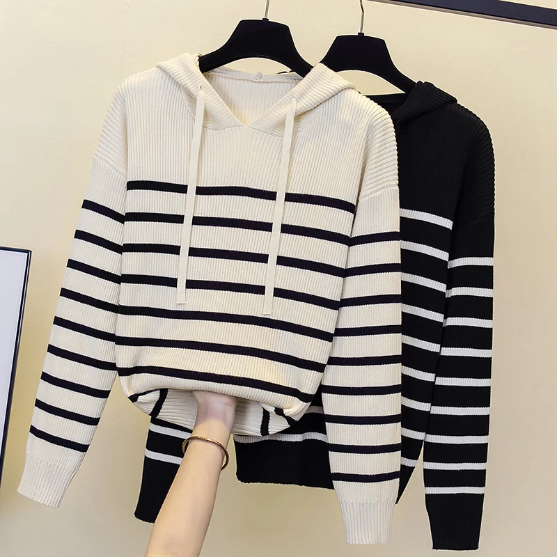 Large Size 2022 Women Hooded Cashmere Sweater Autumn Winter Knitted Top Stripes Long Sleeve Lady Oversized Pullover For Female