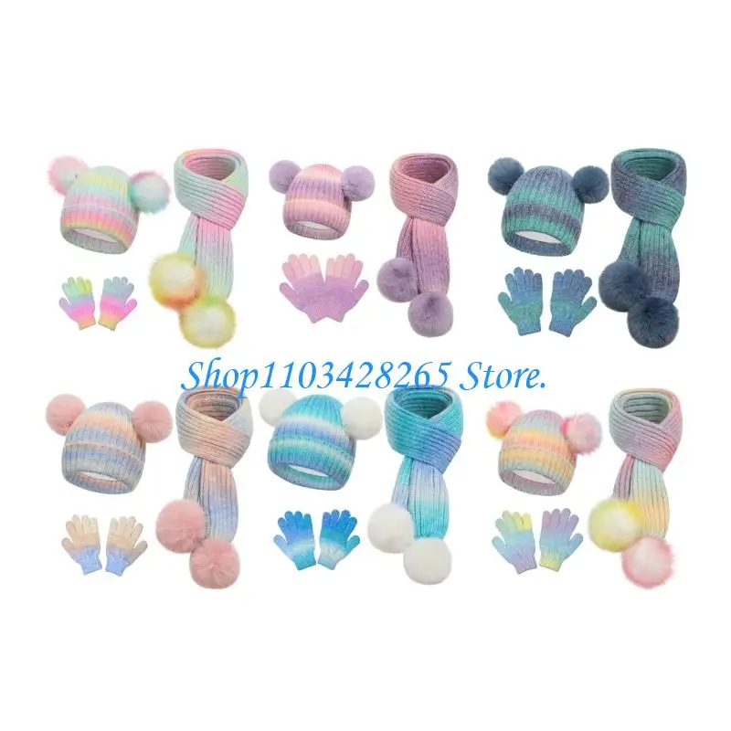 

Lovely Pompoms Knit Hat Neck Warmer Scarf Gloves Set For Infants 3-10 Years G2TE