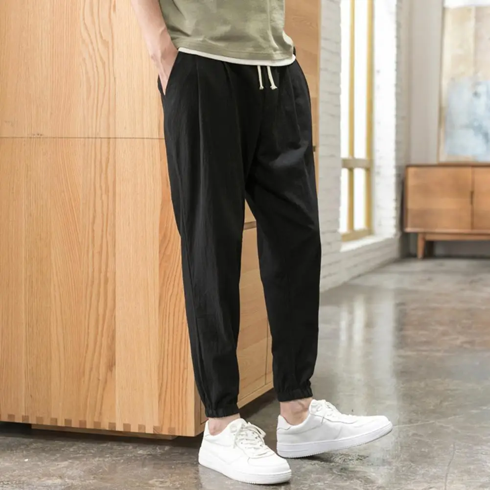 Long Pants Men's Mid-rise Drawstring Harem Pants with Pockets Casual Summer Streetwear Elastic Cuffs Solid Color Thin for A