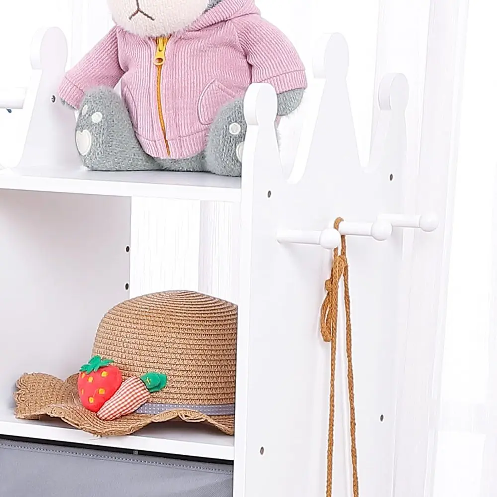 Armário de armazenamento para vestir-organizador de fantasias infantis com espelho iluminado, rack de roupas, prateleiras abertas, caixas de armazenamento e 3 ganchos, branco