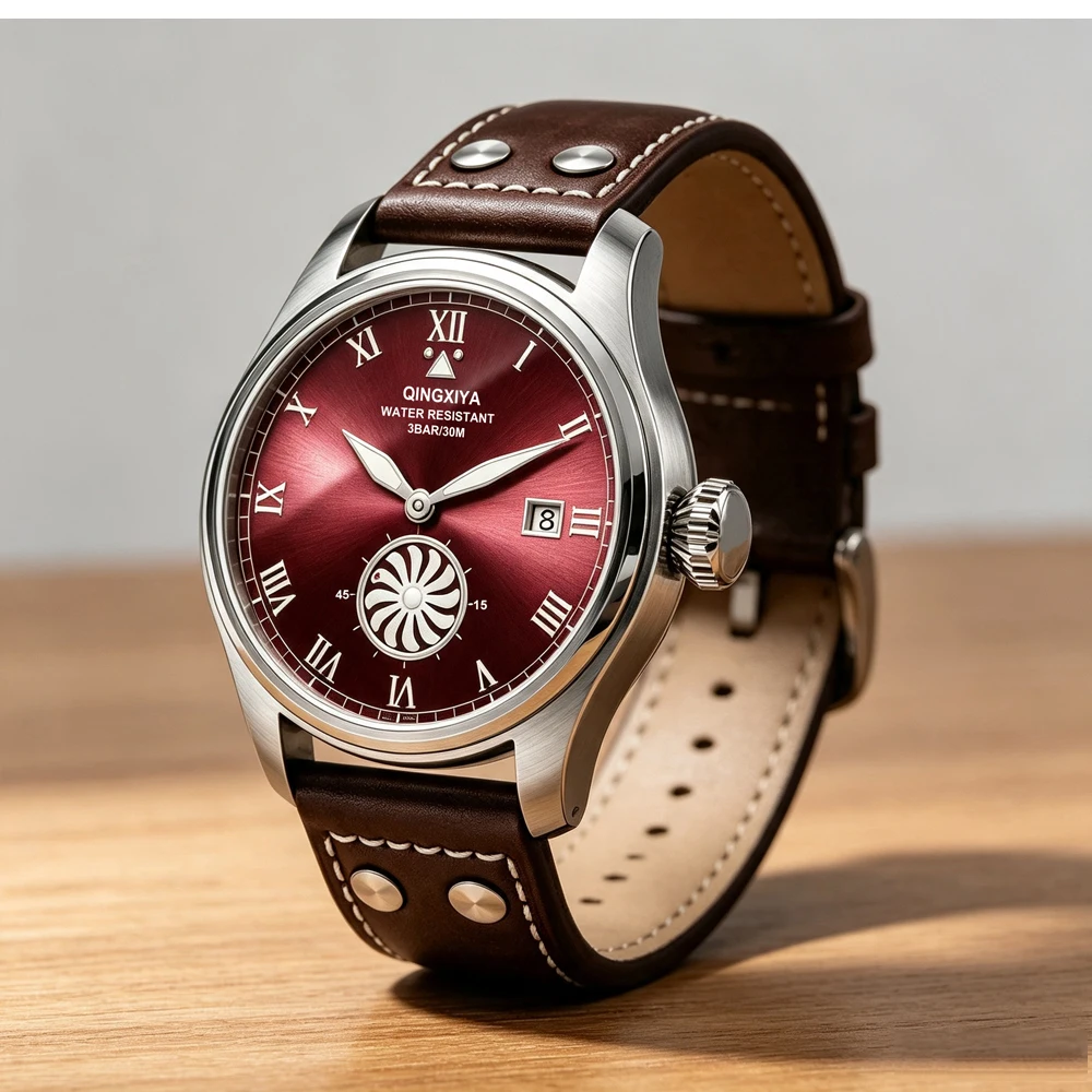 QINGXIYA Marken-Modeuhren für Herren, Turbinen-Sekundenanzeige, Quarzuhr für Männer, Hochwertige Leder-Armbanduhr, Wasserdicht, mit Datumsanzeige – Detail 2