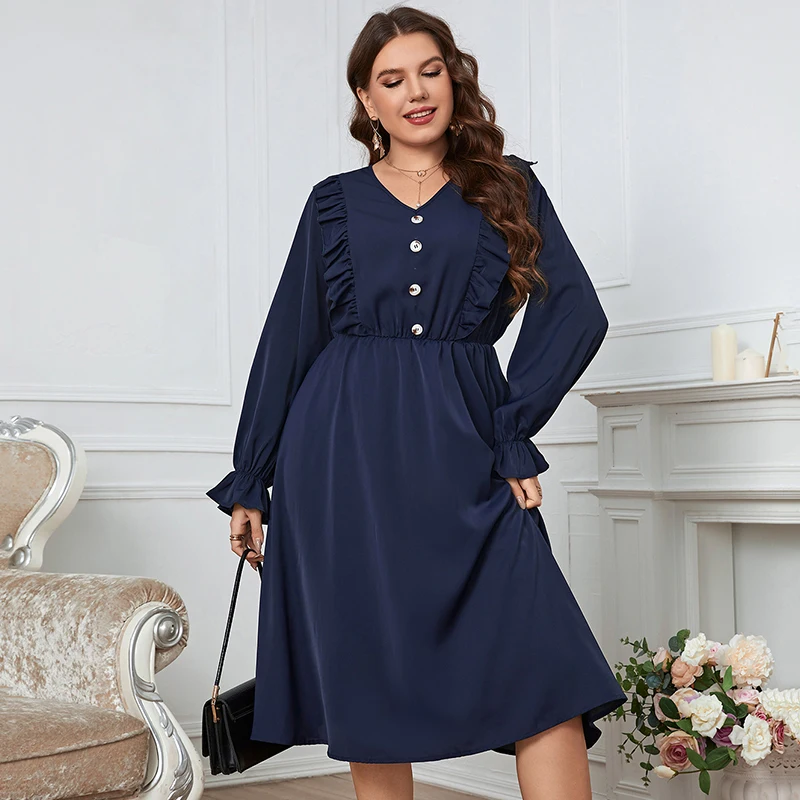 Della Mel Plus Size Women Clothing Solid Color Midi Dress Fashion Casual Puff Long Sleeve Big Size Lady Party Dresses 3XL 4XL