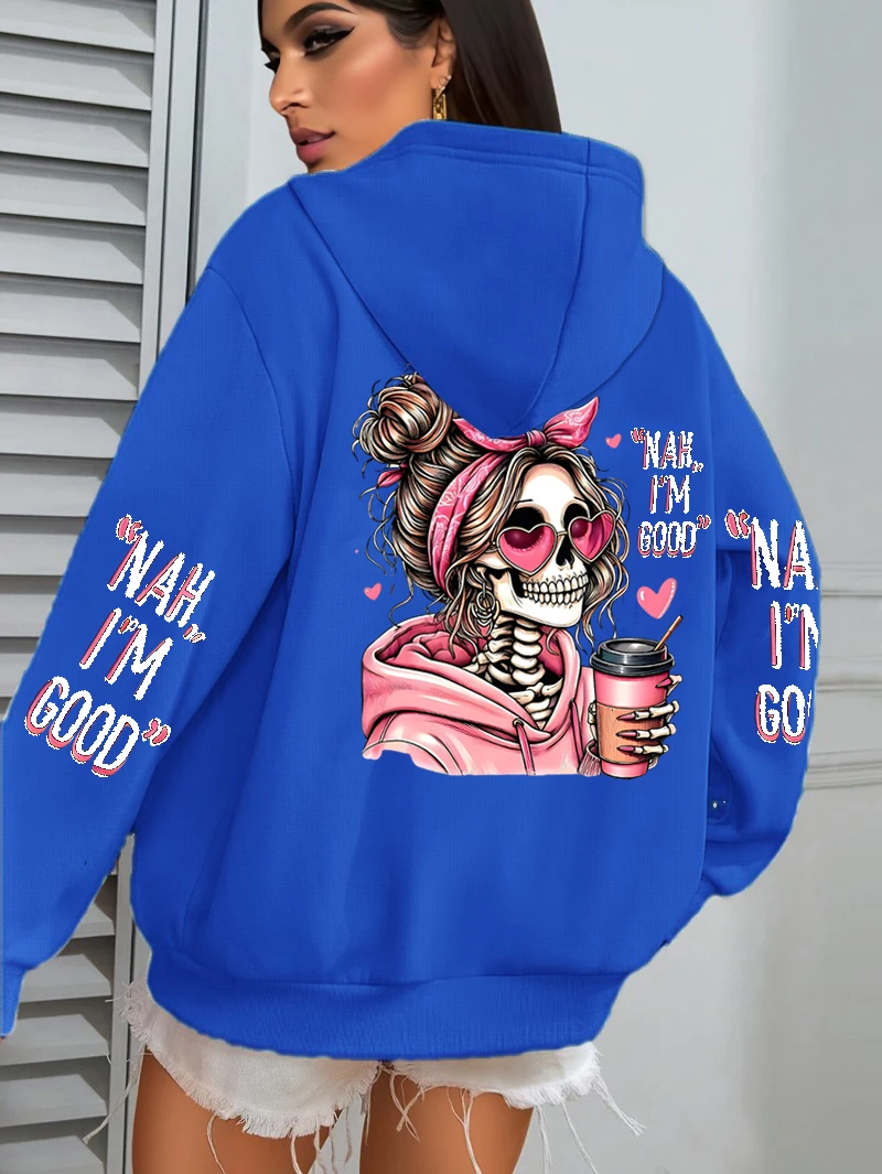 I'm Good Coffee Skull Lustiger Druck Damen-Hoodie, lockerer Jogging-Pullover, Fleece, Herbst-Sportbekleidung, lässiger Y2K-Unisex-Hoodie – Detail 8