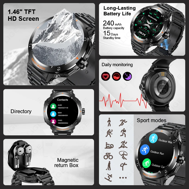 LIGE Men Earphone Smart Watch Bluetooth Call Women Sport Fitness Heart Rate Monitoring Music NFC 2 In 1 TWS Headset Smartwatch