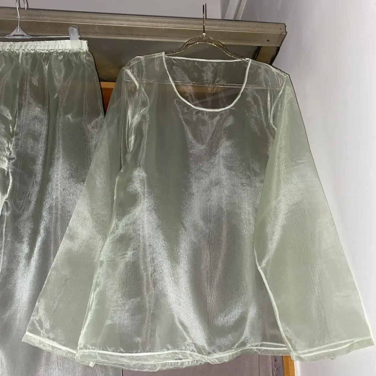 Thin Plastic Seamless See Through Women Men 2 Pieces Set Glossy Sleeping Plus Size Top Pants