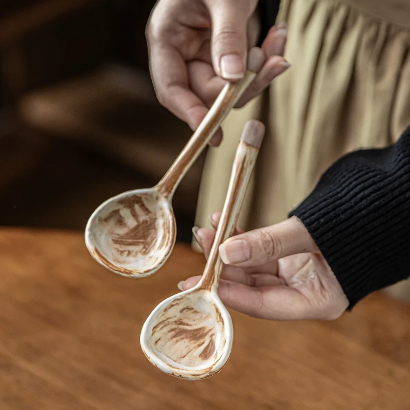 Handmade Retro Ceramic Spoon Stoneware Dessert Stirring Spoon for Home Kitchen Coffee Use Tea Soup Restaurant Dining Hotel
