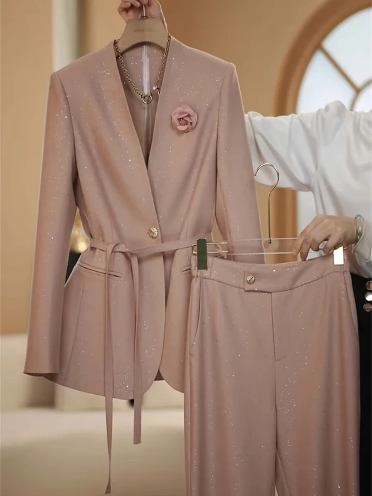 Spring 2025 new fashionable suit set feminine temperament  professional commute sequined suit wide leg pants
