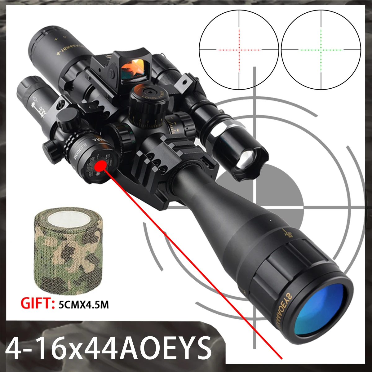 Tactical 4-16x44AOEYS Scopes Red/green Dot Laser and Flashlight Combo RifleScope Hunting Shooting Optic Sight Sniper Rifle Scope