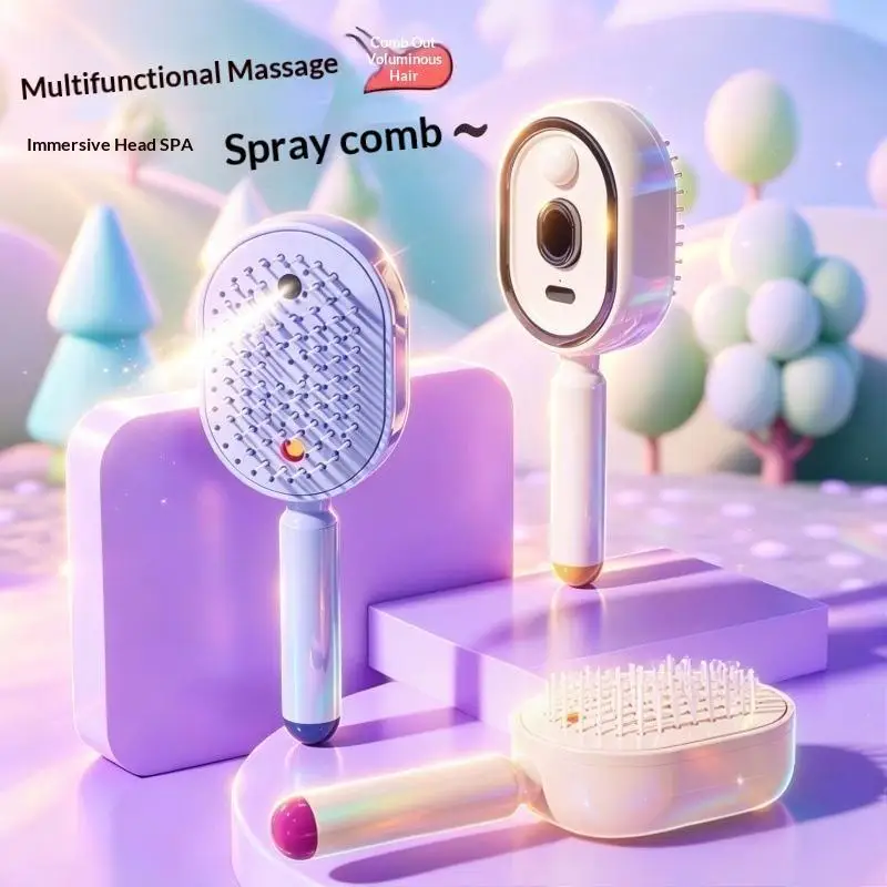 2-In-1 Misting Electric Hair Brush Hydrating Smoothing Detangling Comb for Salon Home Hair Treatment 1PC