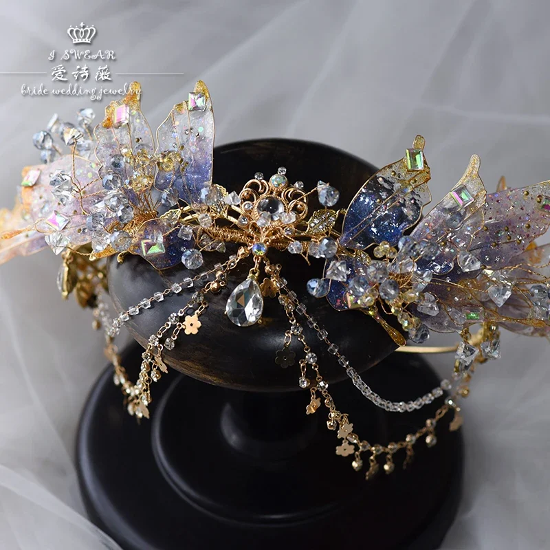 Chinese Wedding Liquid Flower Crystal Mermaid Princess Crown Hair Accessories Hanfu Head Accessories Purple Crystal Headdress