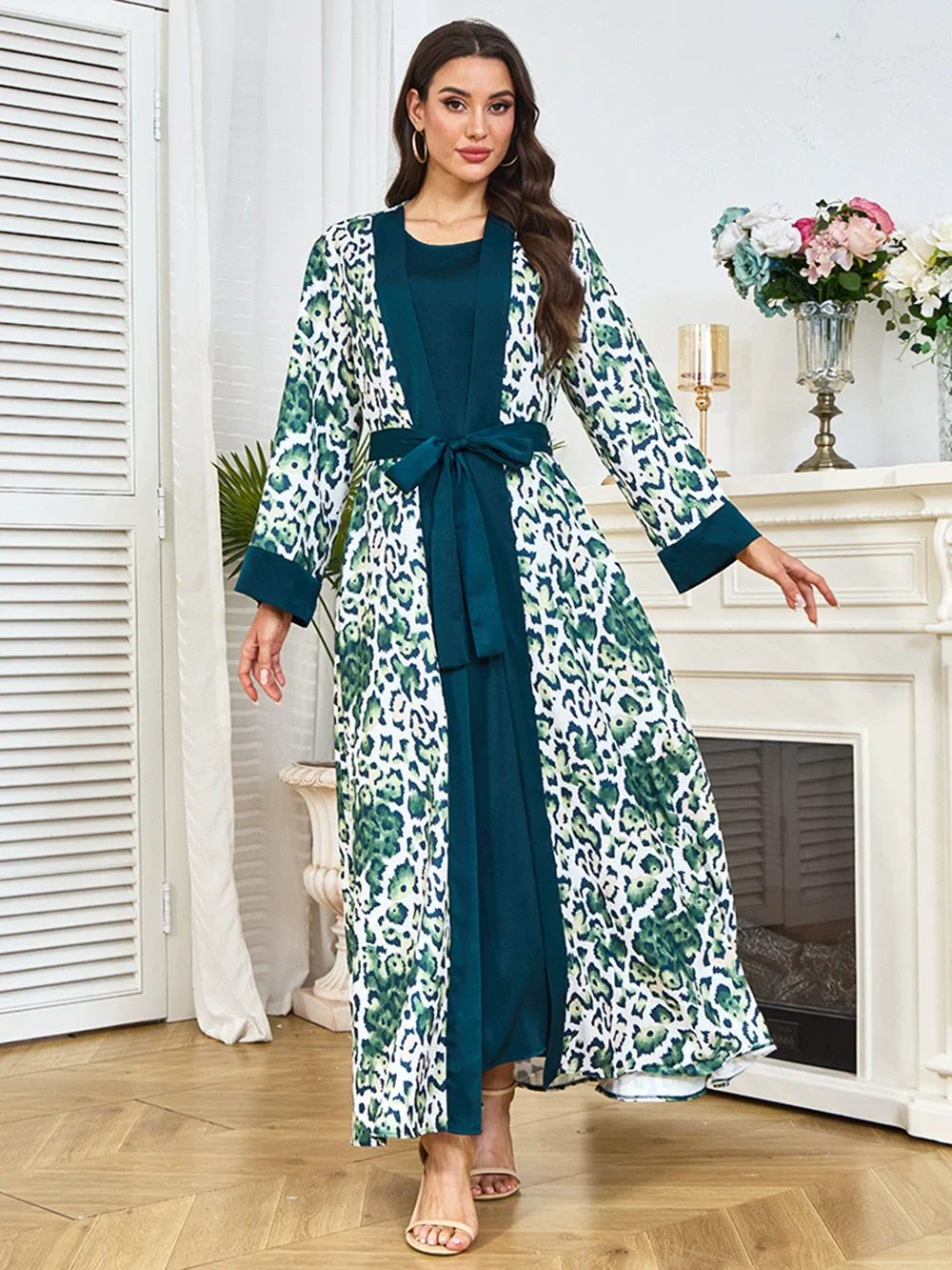 

Ближневосточная длинная юбка с леопардовым принтом, весенний комплект в европейском и американском стиле с цветными блоками, элегантное мусульманское платье на шнуровке